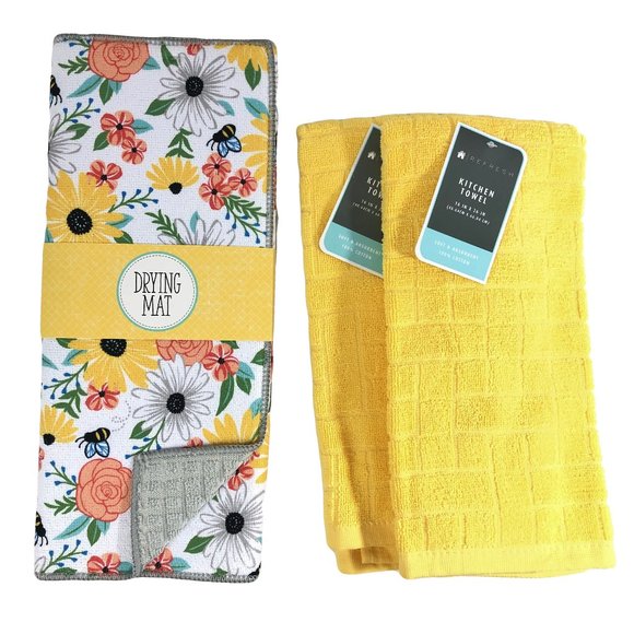 Floral Kitchen Dish Drying Mat + Yellow Towels New - Picture 1 of 3